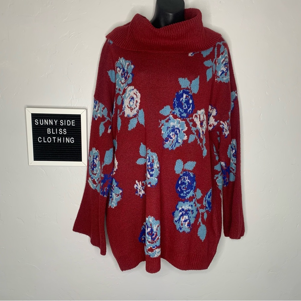 Pioneer Woman Red Floral Cowl Neck Oversized Knit Sweater Pullover Size XXL